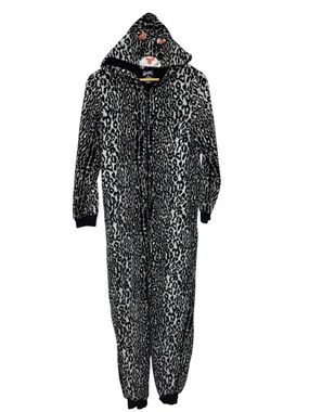 Nick & Nora Hooded Leopard Pajamas Small Black One Piece Womens Cat Jumpsuit Zip